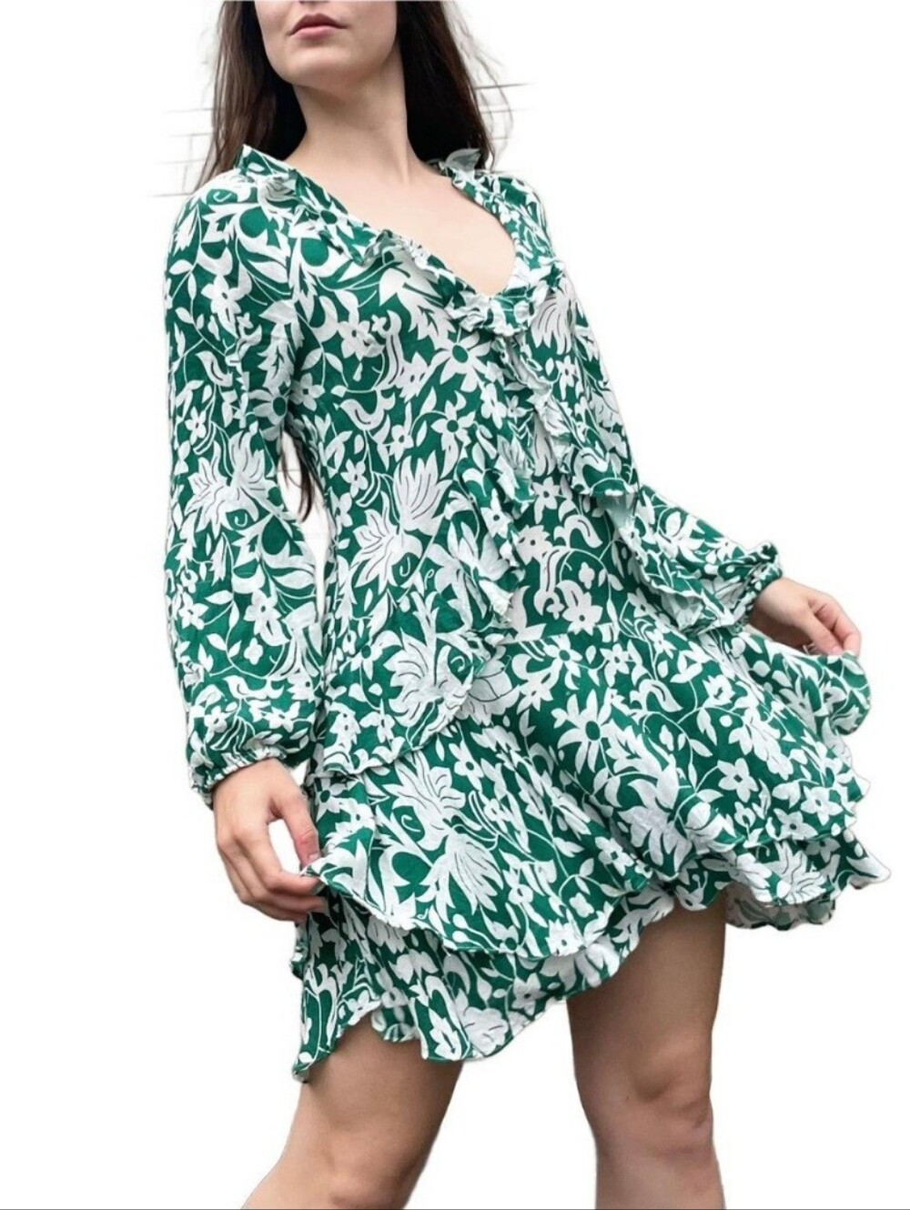 Free People Rebecca Ruffle Green & White Floral Long-Sleeve Mini Dress Size Smal